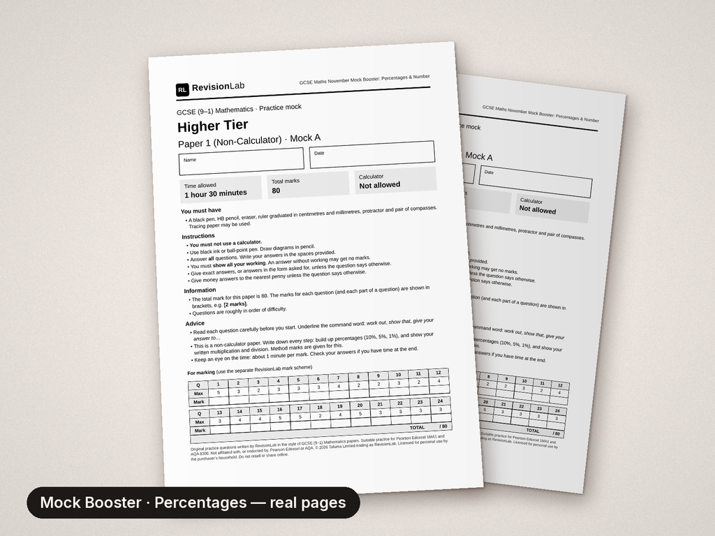 Inside page 1 of GCSE Maths Mock Booster