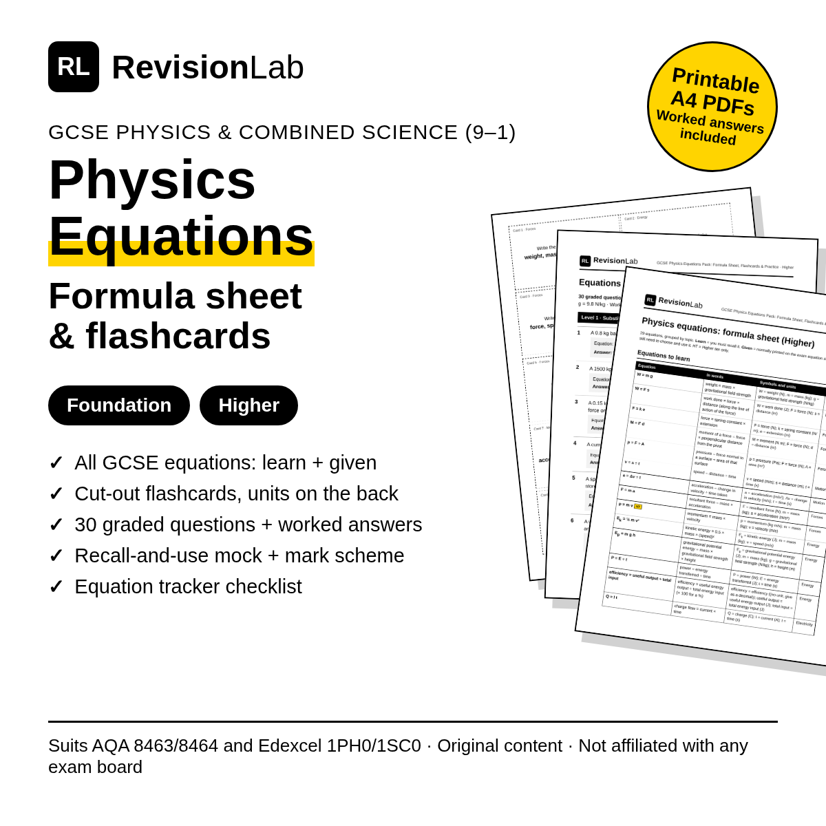 GCSE Physics Equations Pack cover
