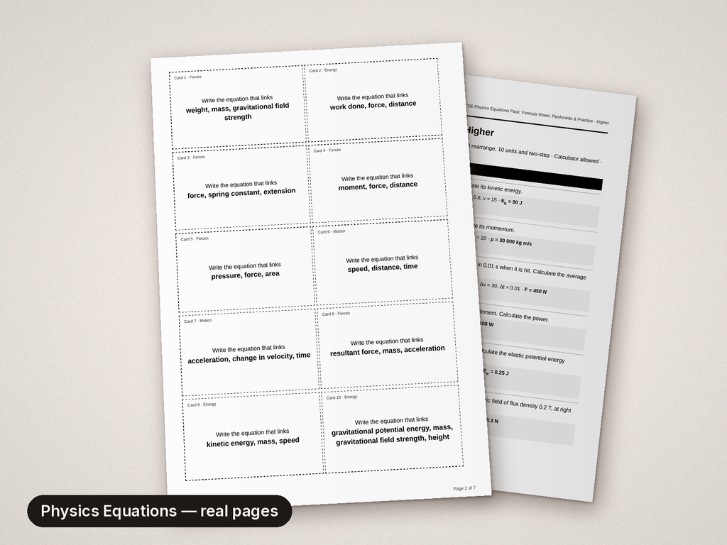 Inside page 2 of GCSE Physics Equations Pack