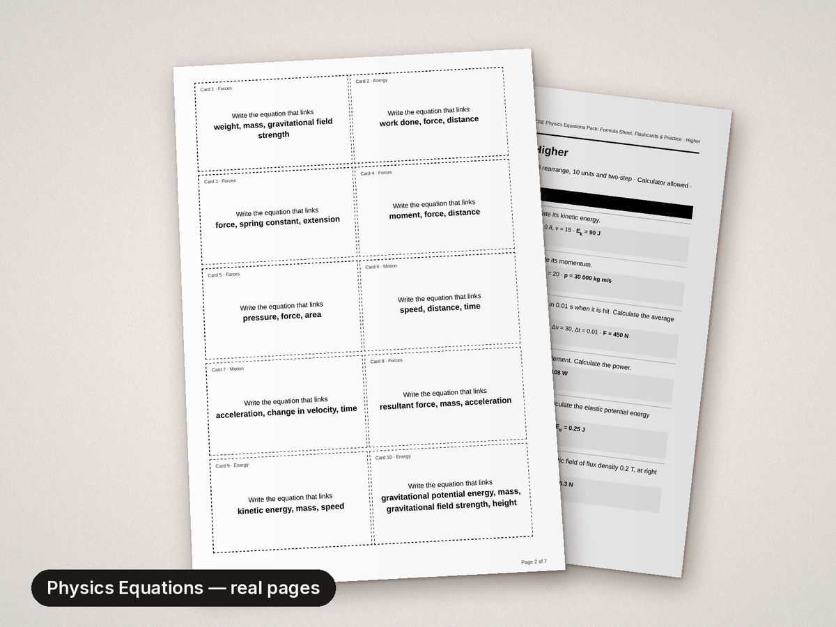 Inside page 2 of GCSE Physics Equations Pack