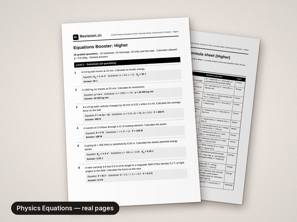 Inside page 3 of GCSE Physics Equations Pack