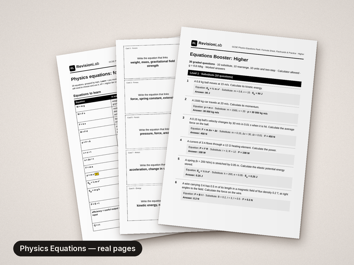 Inside page 4 of GCSE Physics Equations Pack